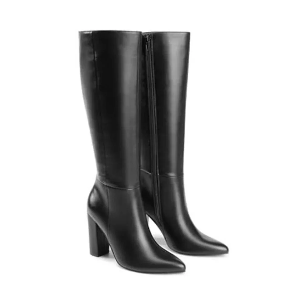 Women Knee High Boots Chunky Heel Pointed Toe Tall Zipper Winter Dress Shoes